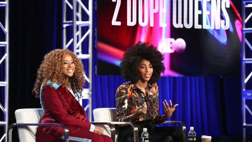 Creators and stars Phoebe Robinson and Jessica Williams of the TV show "2 Dope Queens" speak onstage.
