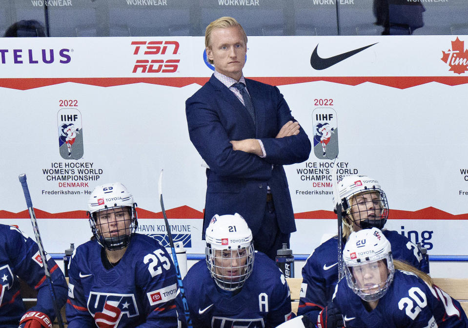 FILE - USA Coach John Wroblewski looks on during the IIHF World Championship Women's hockey semifinal match between USA and the Czech Republic, in Herning, Denmark, Saturday, Sept. 3, 2022. Catch Canada if you can might well be the message Canada coach Troy Ryan and his experienced-laden roster have for the rest of the world -- and specifically arch-rival United States -- in preparing to open the 10-nation, 12-day International Ice Hockey Federation tournament on home soil in suburban Toronto on Wednesday, April 5, 2023.(Henning Bagger/Ritzau Scanpix via AP, File)