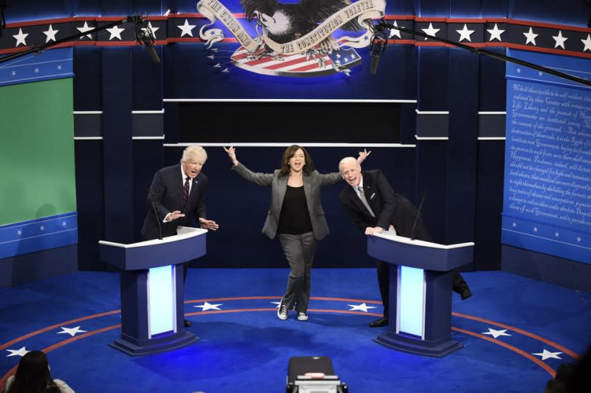 SATURDAY NIGHT LIVE -- "Chris Rock" Episode 1786 -- Pictured: (l-r) Alec Baldwin as Donald Trump, Maya Rudolph as Kamala Harris, and Jim Carrey as Joe Biden during the "First Debate" Cold Open on Saturday, October 3, 2020. Credit: Will Heath/NBC