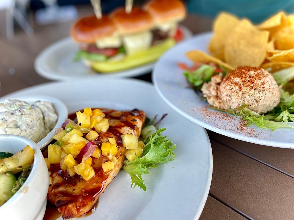 Grilled bourbon salmon, fish dip and beef sliders from Chases on the Beach in New Smyrna Beach.