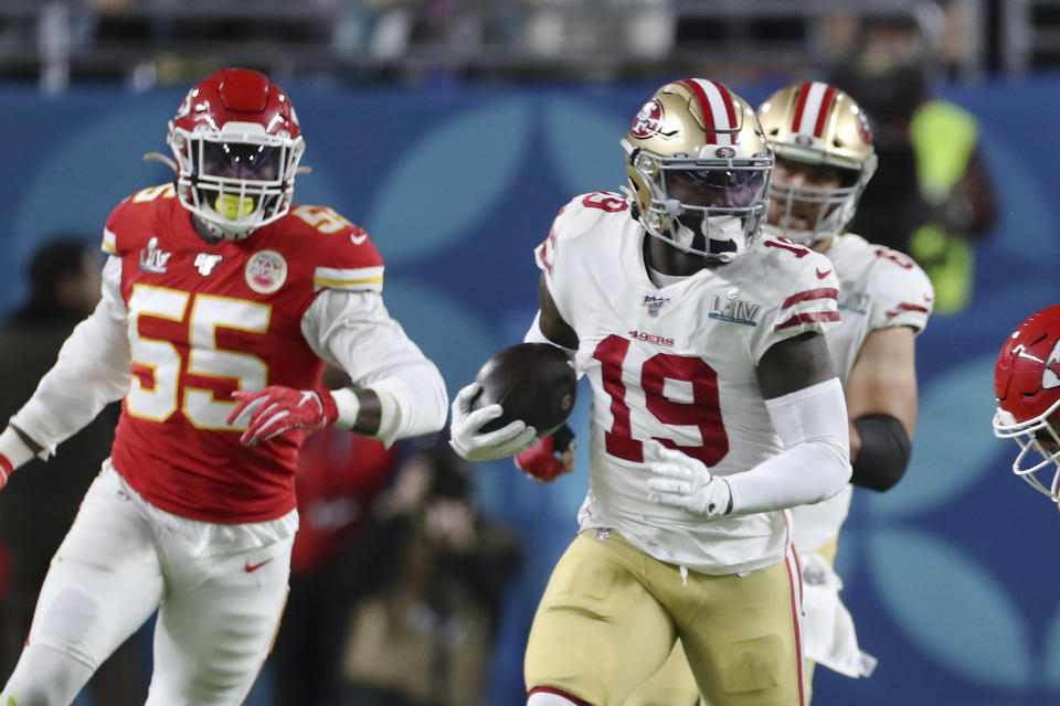 FILE - In this Feb. 2, 2020, file photo, San Francisco 49ers wide receiver Deebo Samuel (19) tries to break free against the Kansas City Chiefs in Super Bowl 54 in Miami Gardens, Fla. The Chiefs defeated the 49ers 31-20. (AP Photo/Doug Benc, File)