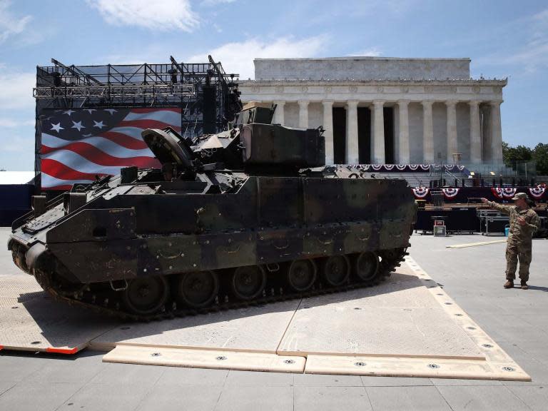 Donald Trump has reportedly dismissed concerns that tanks and other military vehicles on display as part of his Independence Day parade could damage the grounds of the Lincoln Memorial. At least two M1A1 Abrams tanks and two Bradley armoured carriers will be moved to the heart of Washington for the US president's "Salute to America" .The National Park Service will reportedly divert nearly $2.5m to cover the cost of the event, which Mr Trump described as “the show of a lifetime”.But aides allegedly warned Mr Trump that driving tanks near the Lincoln memorial would “tear up the streets” on its grounds, which are not designed to hold the weight of a vehicle that exceeds 60 tons. Each M1A1 Abrams tank weighs 63 tons. "There were many long conversations with the boss about this," one former senior administration official told the Washington Post.Another defence official, speaking on condition of anonymity, said that many top military officials were not aware that the president definitely wanted tanks involved in the parade until last week.The two M1A1 Abrams tanks were shipped to Washington from Fort Stewart in Georgia over the weekend, via freight train, along with other armoured vehicles.National Park Service officials also reportedly remain concerned about the damage the tanks could cause to the grounds of the memorial.It comes after the government spent $30.7m to refurbish the memorial under the Obama administration in 2017.On the day before the parade, Army Colonel Sunset Belinsky told CBS News that residents of the capital city "will see the vehicles move through their neighbourhoods, but should not panic".As well as tanks, Mr Trump's 4 July celebration will feature a military jet flyover, an extended fireworks show and speech by the president at the Lincoln Memorial.Ahead of the event, Mr Trump tweeted: “Our July 4th Salute to America at the Lincoln Memorial is looking to be really big. It will be the show of a lifetime!”The last time a US president gave a speech in Washington on 4 July was in 1951 when Harry Truman spoke on the Washington Monument to mark the 175th anniversary of the Declaration of Independence.This year’s event will be open to the public free of charge, apart from a ticketed area for VIPs in front of the Lincoln Memorial.However, Donald Trump’s aides fear an embarrassingly small crowd may turn out to the event, according to a report.He has also been criticised over the probable cost of the event, which is expected to run into the millions.But he dismissed these complaints in a tweet on Wednesday, writing: “The cost of our great Salute to America tomorrow will be very little compared to what it is worth. We own the planes, we have the pilots, the airport is right next door (Andrews), all we need is the fuel. We own the tanks and all. Fireworks are donated by two of the greats. Nice!”