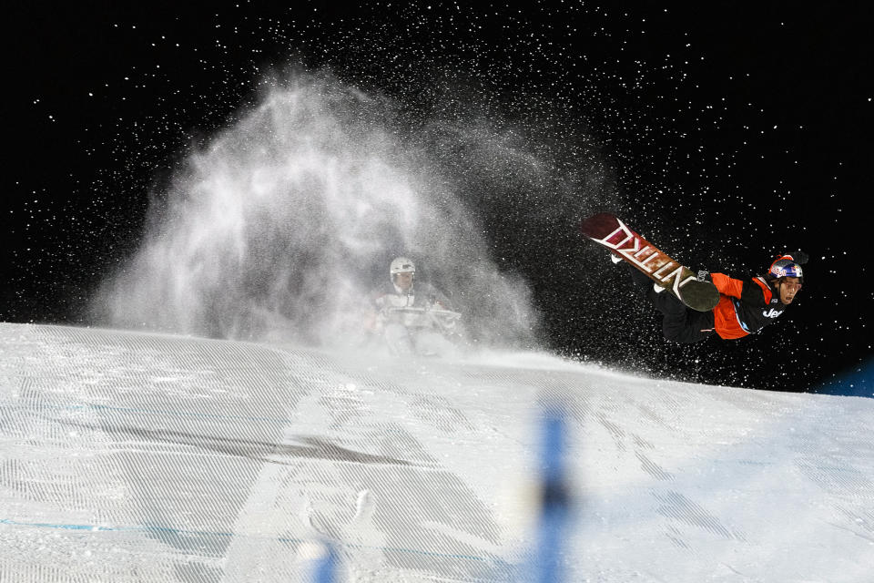 In this photo provided by ESPN, Zeb Powell competes in the final of the Knuckle Huck snowboarding competition at the 2020 Winter X Games in Aspen, Colo. There's only one rule in the event that has captured the imaginations of all the high-flying daredevils at the Winter X Games: Do something cool. This weekend, cool will happen in a contest called Knuckle Huck. (Trevor Brown/ESPN via AP)