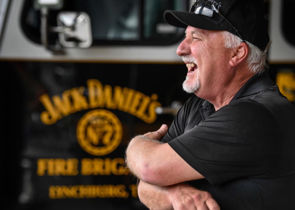 Fire Chief and Security Supervisor Fred Elliott shares a laugh with other members of Jack Daniel's Volunteer Fire Brigade after training Monday, July 22, 2019, in Lynchburg, Tenn.