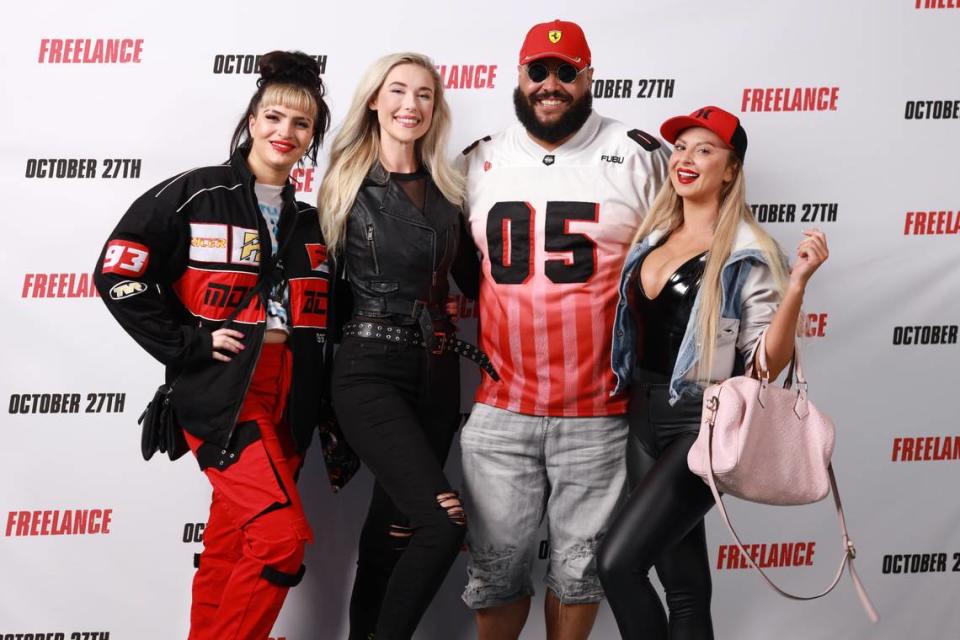 From left, NXT alum Persia Portia (Steph De Lander), Noelle Foley of “Holy Foley” on WWE Network, WWE alum “Top Dolla” AJ Francis and AEW’s Harley Cameron at a screening of the John Cena action comedy movie “Freelance” at Regal Cinemas in the Waterford Lakes Plaza, near the University of Central Florida in Orlando. Photo By Harry Aaron/Courtesy RMG
