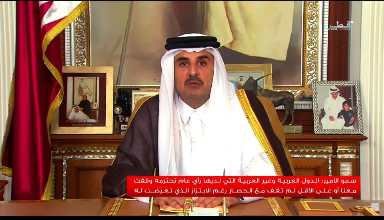 An image grab taken from Qatar TV shows the Emir of Qatar, Sheikh Tamim bin Hamad al-Thani, delivering a televised speech to the nation in the capital Doha on July 21, 2017