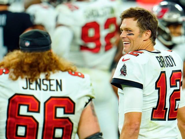 One of Tom Brady's Bucs teammates arrived at the Super Bowl wearing a  T-shirt featuring the QB's infamous NFL combine photo