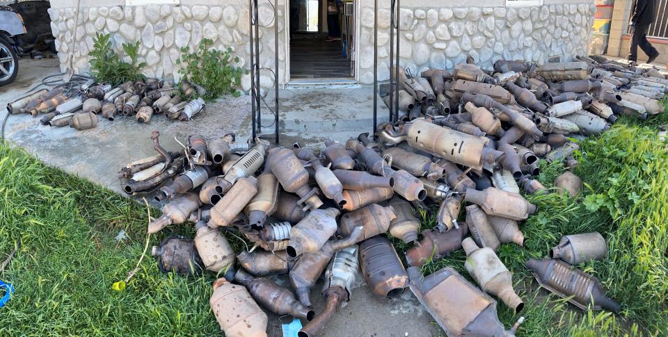 About 400 suspected stolen catalytic converters were discovered during a search warrant at a San Bernardino, Calif. residence on March 17, 2021.