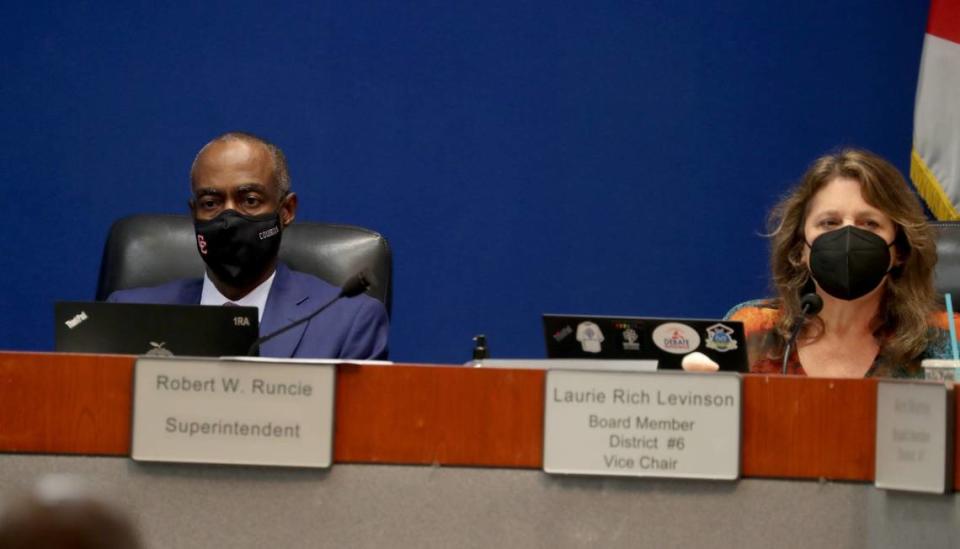 Broward Schools Superintendent Robert Runcie and School Board Vice Chair Laurie Rich Levinson attend a meeting where a divided School Board approved a $754,900 exit package on Tuesday, May 11, 2021, in Fort Lauderdale. Runcie, who has pleaded not guilty, was indicted April 15 and charged with perjury. His last day is Aug. 10, although he is expected to stop serving as superintendent once an interim replacement is named.