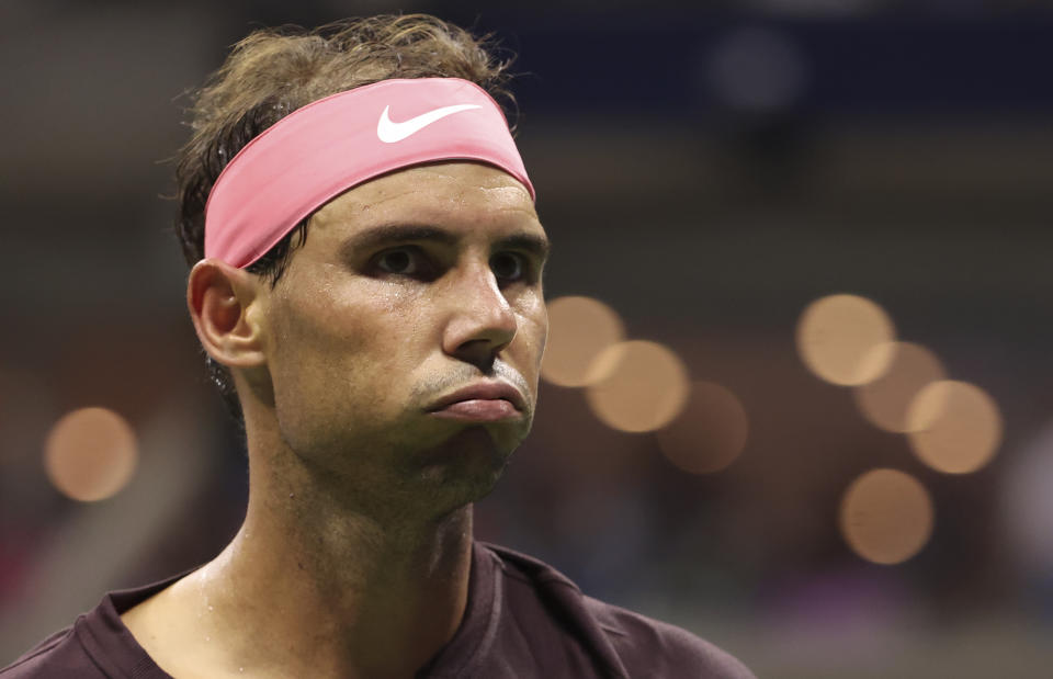 Rafa Nadal (pictured) reacts during his first round US Open match.