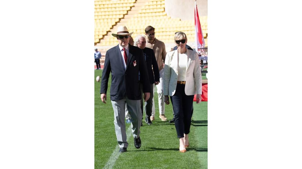 Prince Albert II of Monaco, Princess Charlene of Monaco, attend the Sainte Devote Rugby Tournament At Stade Louis II on April 20, 2024 in Monaco, Monaco.