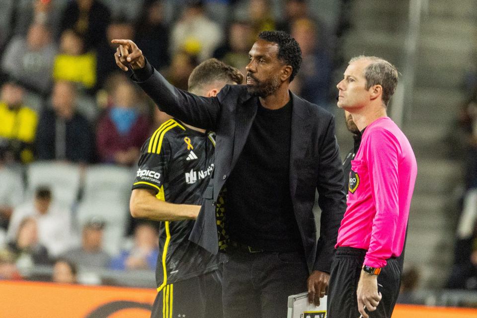 Sep 7, 2024; Columbus, Ohio, USA; Columbus Crew head coach Wilfried Nancy in the first half against Seattle Sounders FC at Lower.com Field. Mandatory Credit: Trevor Ruszkowski-Imagn Images