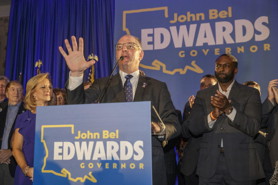 Louisiana Gov. John Bel Edwards speaks at his election night watch party in Baton Rouge, La., Saturday, Oct. 12, 2019. (AP Photo/Brett Duke)