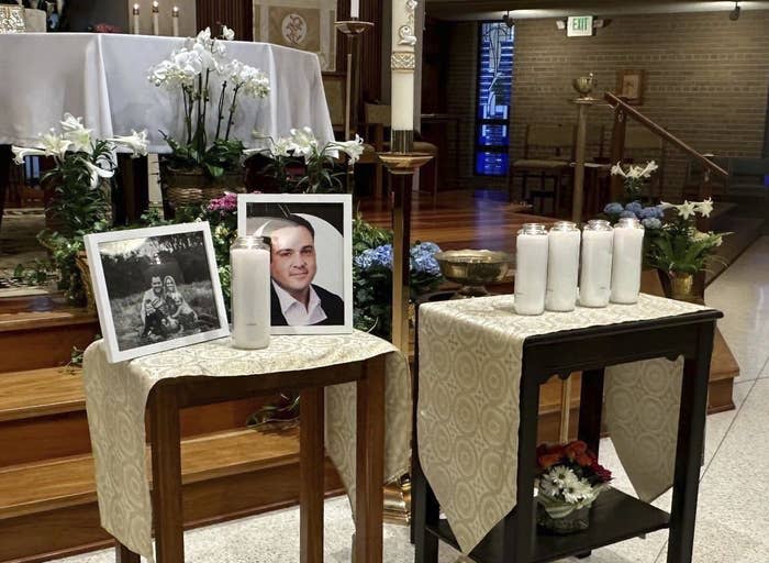 A memorial for Joshua Barrick on display at Holy Trinity Catholic Church in Louisville, Kentucky, on April 10, 2023