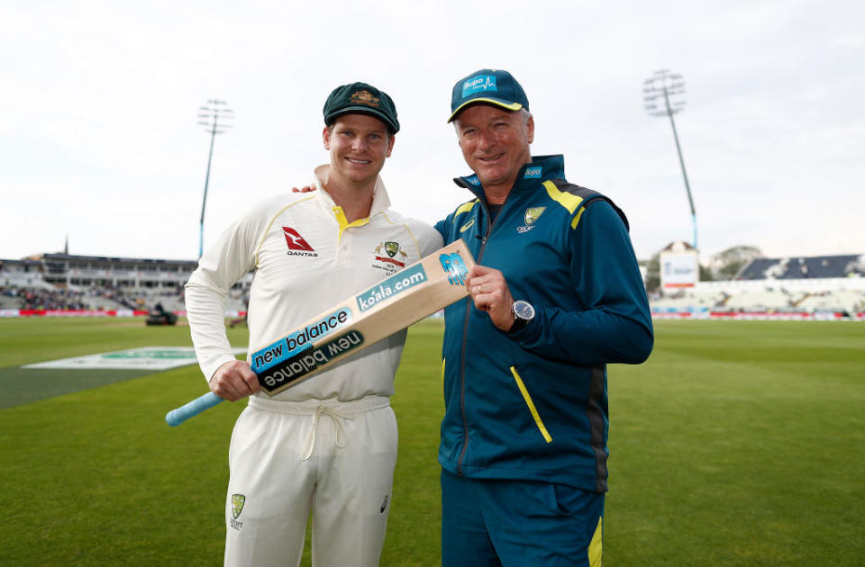 Steve Smith of Australia and Steve Waugh, Former Australian Test Captain and current Australian Team Mentor,  pose at stumps after Smith scored his second century for the test. (Photo by Ryan Pierse/Getty Images)
