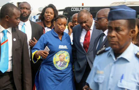 Congolese opposition leader Jean-Pierre Bemba is received by senior officials from the Movement for the Liberation of the Congo (MLC) at the N'djili International Airport as he arrives in Kinshasa, Democratic Republic of Congo August 1, 2018. REUTERS/Jean Robert N'Kengo