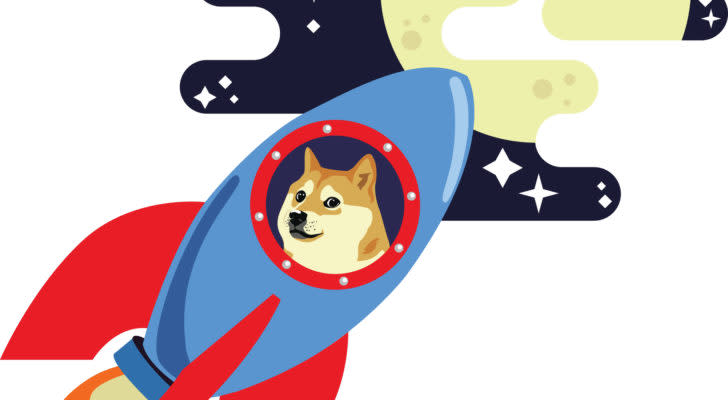 Doge riding a rocket to the moon.