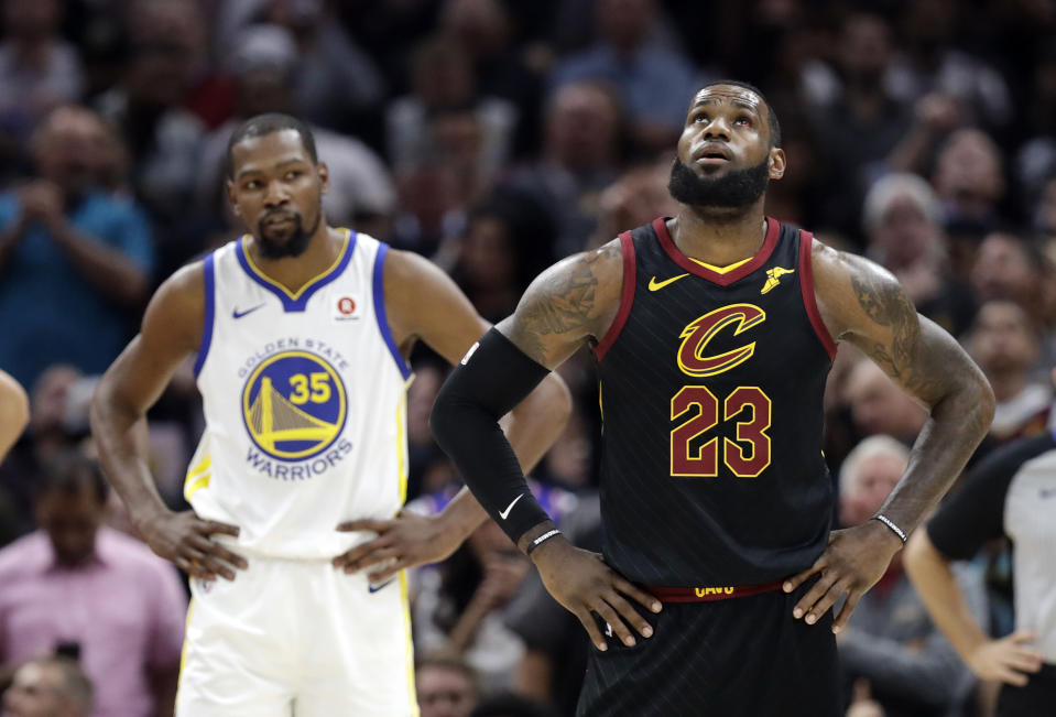 LeBron James, standing on the precipice of a third NBA Finals loss in four years against the Warriors, compared playing them to facing the New England Patriots. (AP)