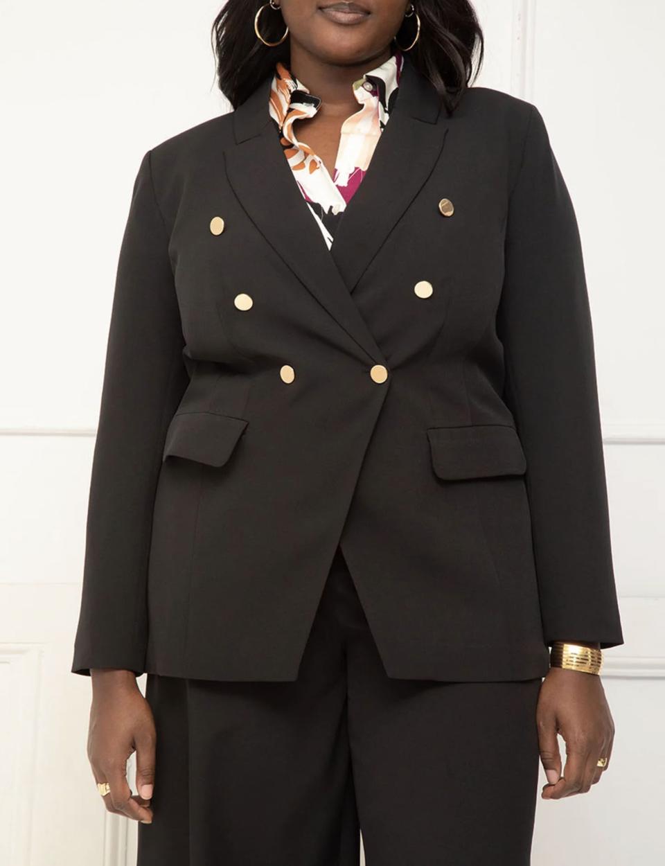 a model wearing the blazer in black