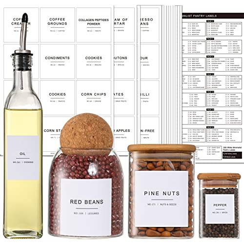 308 Kitchen Pantry Labels for Food Containers, 3 Sizes White Minimalist Organizing, Jars, Storage Bins, Preprinted Waterproof Containers