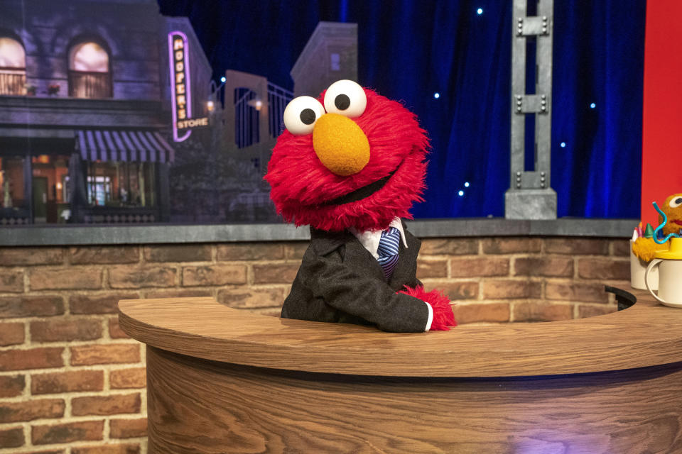This image released by Sesame Workshop shows muppet character Elmo, who will host a family friendly show called “The Not Too Late Show with Elmo.” It begins streaming May 27 on HBO Max. (Richard Termine/Sesame Workshop via AP)