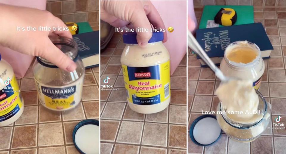 Stills from TikTok video showing Aldi mayo being scooped into a Hellmann's brand jar