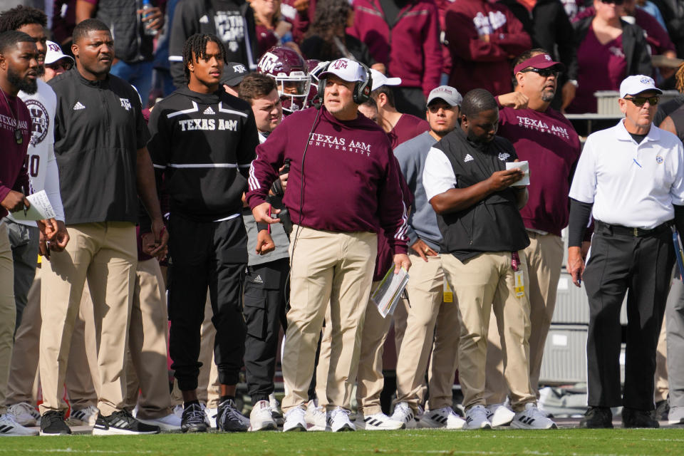 Nov 5, 2022; College Station, Texas; Texas A&M Aggies head coach Jimbo Fisher looks on in the first half against the Florida Gators at Kyle Field. Daniel Dunn-USA TODAY Sports