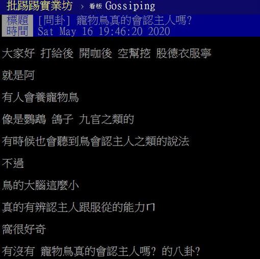 原PO好奇，寵物鳥是否會認主人。（圖／翻攝自Dcard、PTT）