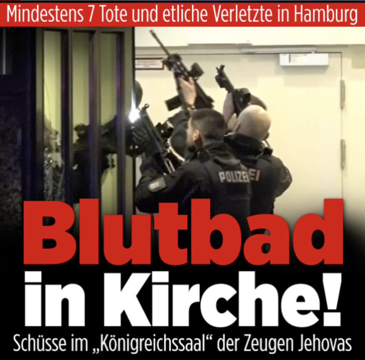 A German news headline reading ‘Bloodbath in Church!’ about a shooting on 9 March in the city of Hamburg (Bild)