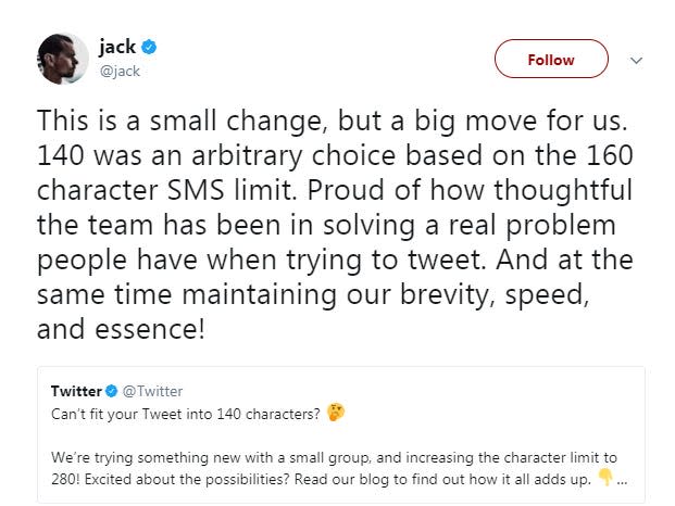 Jack Dorsey tweet about 280 characters