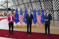 President Joe Biden, center, talks to the media with European Council President Charles Michel, right, and European Commission President Ursula von der Leyen, during the United States-European Union Summit at the European Council in Brussels, Tuesday, June 15, 2021. (AP Photo/Patrick Semansky)