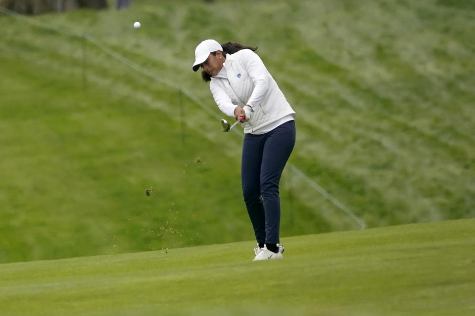 Megha Ganne hits from the seventh fairway during the second round of the U.S. Women's Open golf tournament at The Olympic Club, Friday, June 4, 2021, in San Francisco. (AP Photo/Jeff Chiu)