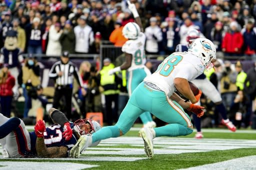 Miami's Mike Gesicki catches the game-winning touchdown in the Dolphins' upset win over the New England Patriots