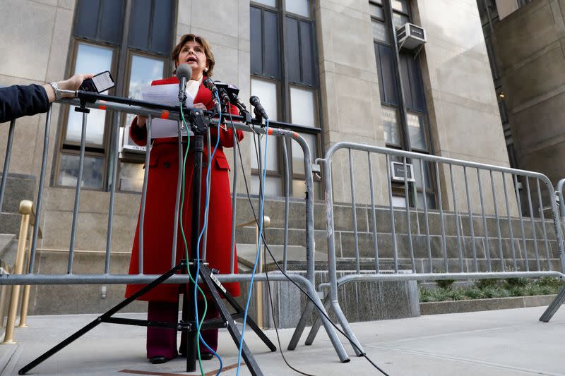 Attorney Gloria Allred speaks to reporters after attending the sexual assault trial of film producer Harvey Weinstein at New York Criminal Court in New York