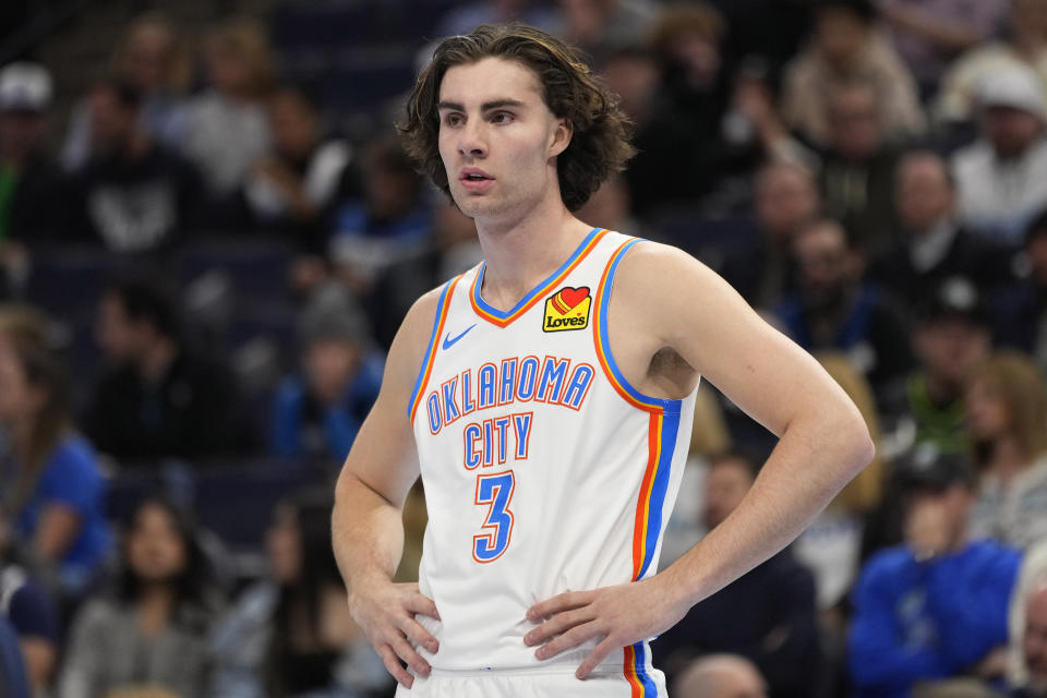 Oklahoma City Thunder guard Josh Giddey (3) stands on the court during the first half of an NBA basketball In-Season Tournament game against the Minnesota Timberwolves, Tuesday, Nov. 28, 2023, in Minneapolis. (AP Photo/Abbie Parr)