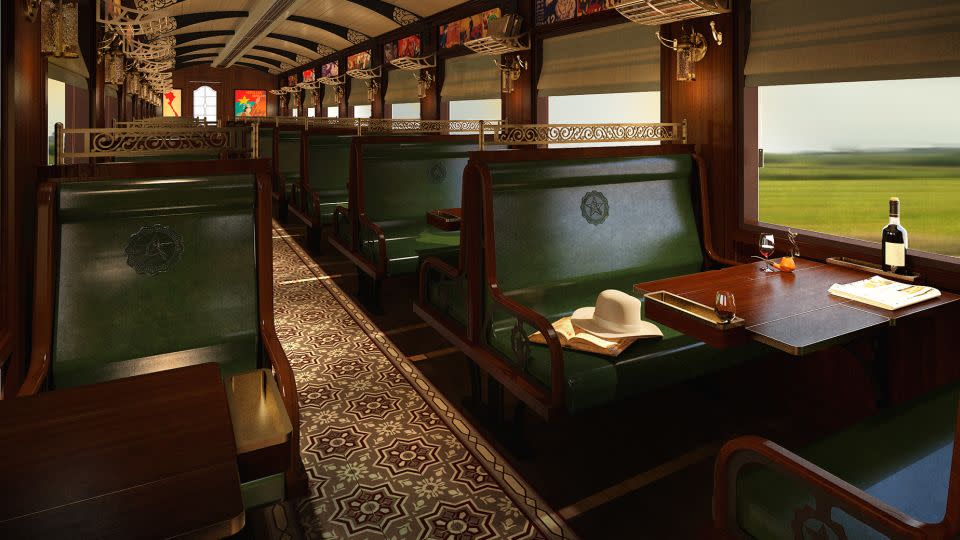 A rendering shows the interior of a dining car in the Revolution Express, furnished to reflect the train's French colonial history. - Wafaifo & Revolution Express