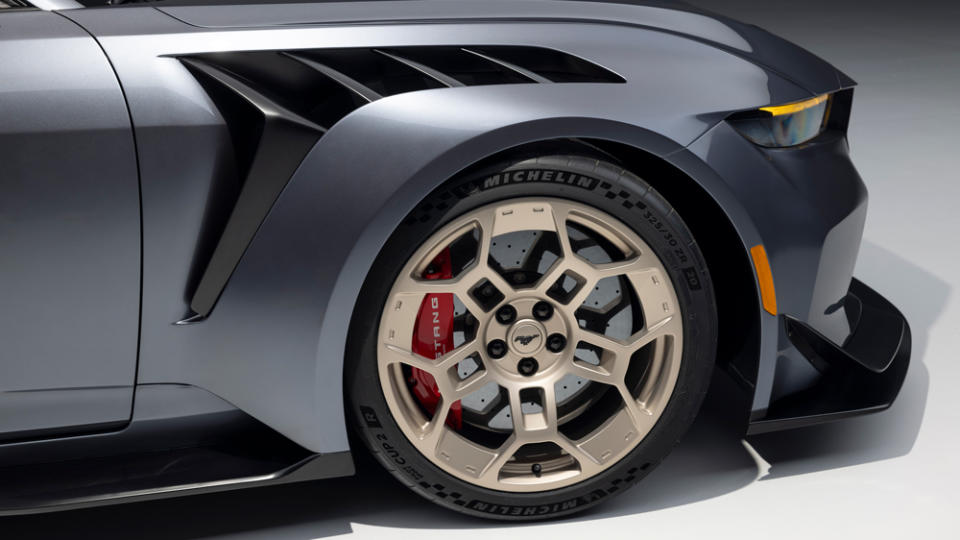 A close-up of the passenger-side wheel on the Ford Mustang GTD.