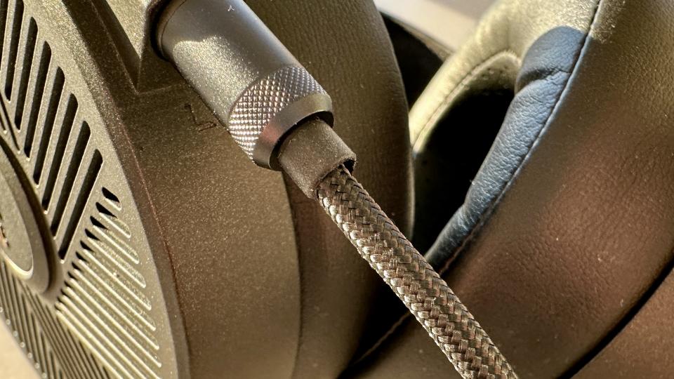 A closeup of the Fiio FT5 3.5mm connector on the earcup