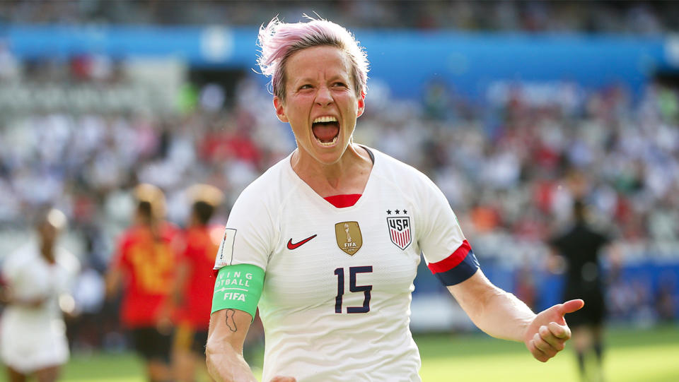 Megan Rapinoe of USA celebrates her winning goal on a penalty kick during the 2019 FIFA Women's World Cup France Round Of 16 match between Spain and USA at Stade Auguste Delaune on June 24, 2019 in Reims, France. (Photo by Jean Catuffe/Getty Images)