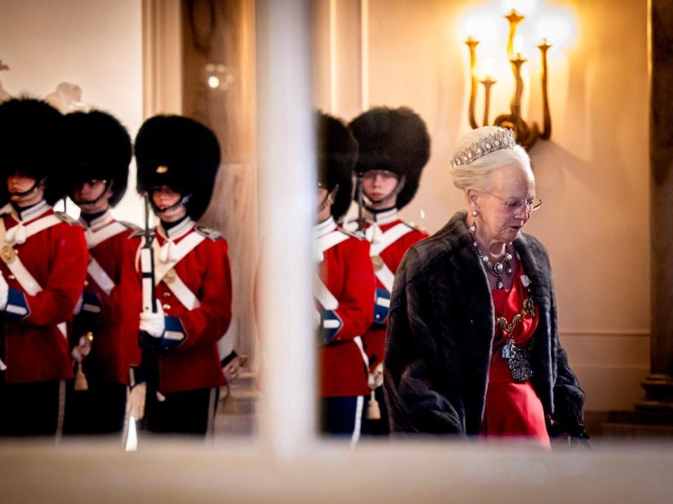 Queen Margrethe of Denmark arrives at Amalienborg Palace for the traditional new year reception on January 1, 2024 in Copenhagen, Denmark.