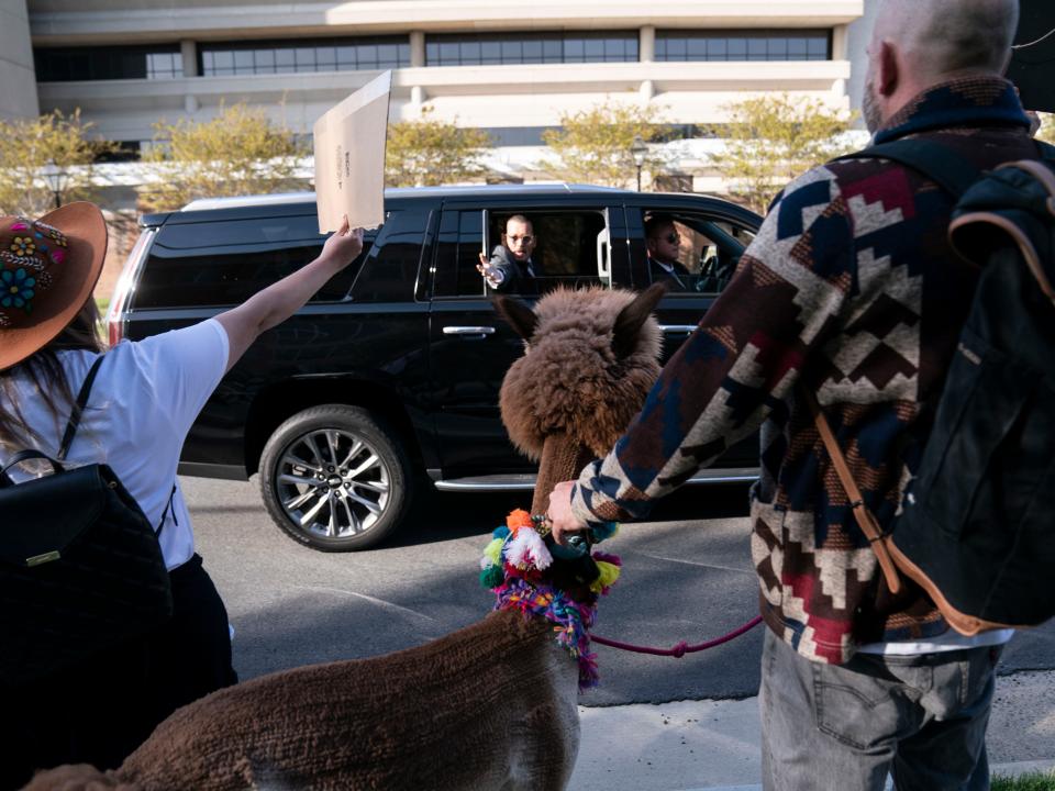 Johnny Depp waves to fans and alpacas in April 2022.