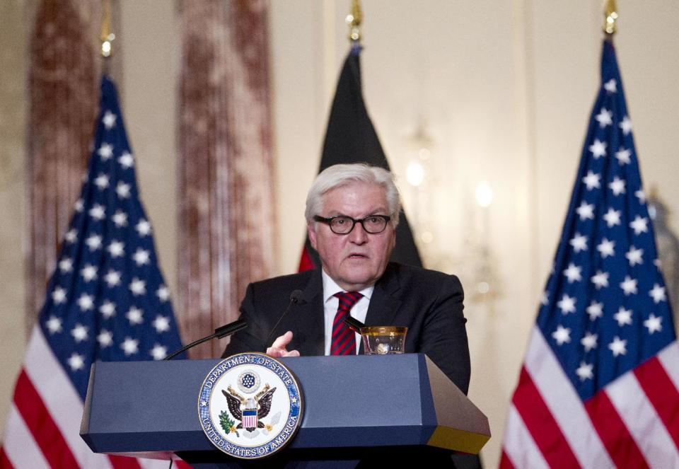 German Foreign Minister Frank-Walter Steinmeier speaks during a joint news conference with Secretary of State John Kerry, after a private meeting, Thursday Feb. 27, 2014, at the State Department in Washington. (AP Photo/Jose Luis Magana)