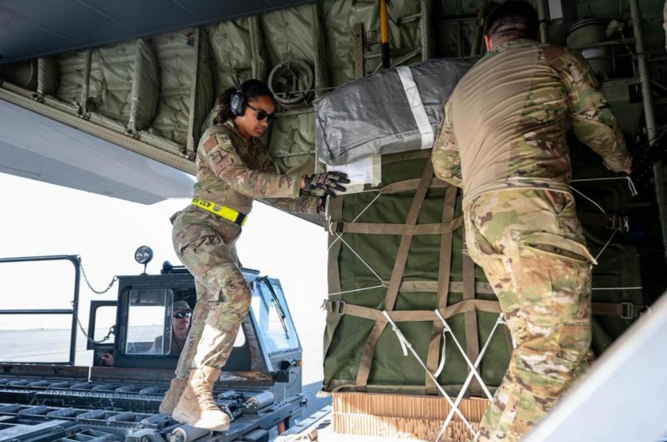 PHOTO: This photo released by U.S. Central Command shows a joint operation to deliver humanitarian aid to Gaza, utilizing U.S. Air Force C-130 aircraft and U.S. Army Soldiers specialized in aerial delivery of U.S humanitarian assistance supplies. (U.S. Central Command)