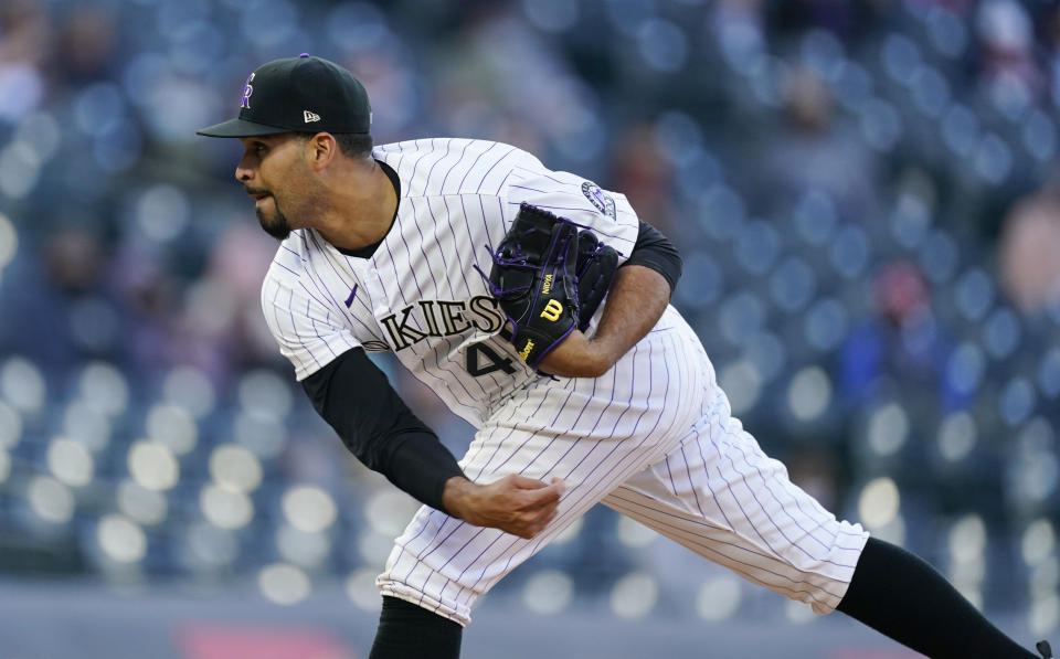 Colorado Rockies starting pitcher Antonio Senzatela works agaimst the Arizona Diamondbacks during the first inning of a baseball game Wednesday, April 7, 2021, in Denver. (AP Photo/David Zalubowski)