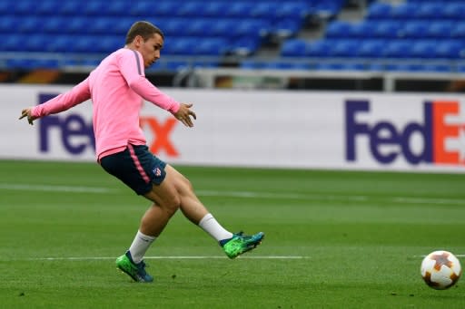 Antoine Griezmann in training at the venue of Wednesday's final, when he will lead Atletico Madrid's attack against Marseille