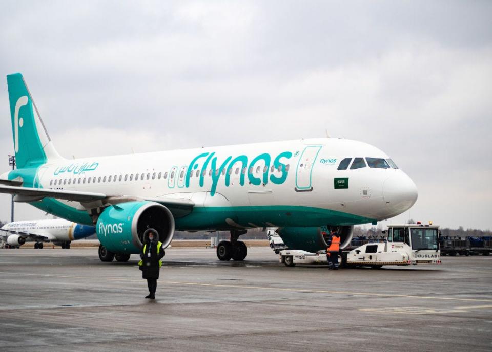 Flynas Airbus A320 registration HZ-NS33 aircraft seen at Boryspil Airport in Kiev, Ukraine in 2021.