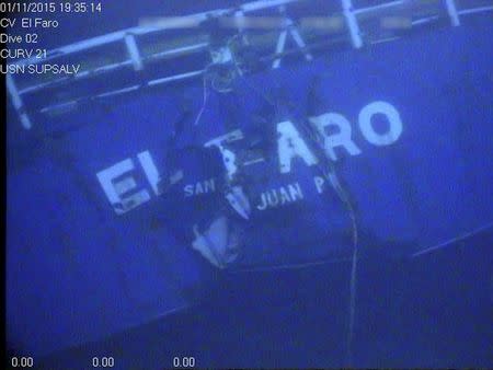 The stern of the El Faro is shown on the ocean floor taken from an underwater video camera November 1, 2015. National Transportation Safety Board/Handout via REUTERS