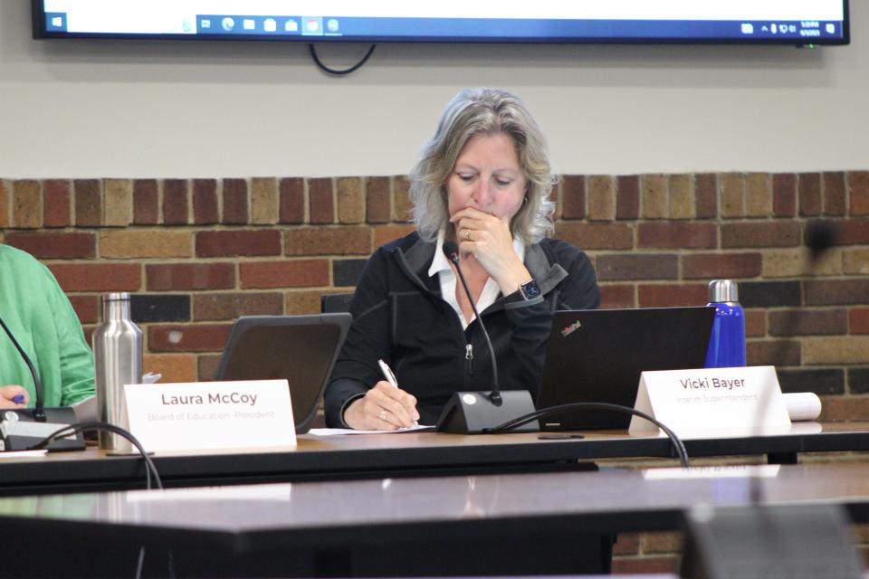 Vicki Bayer takes notes during a School Board meeting June 5 in Green Bay. At the time she was the interim superintendent