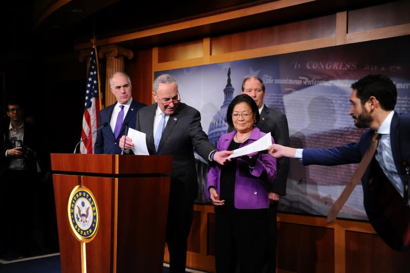 Senate Democrats hold news conference before Trump impeachment trial reconvenes on Capitol Hill in Washington