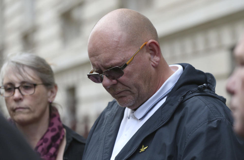 The father Harry Dunn, Tim Dunn, leaves the Foreign and Commonwealth Office in London, where the family members met British Foreign Secretary Dominic Raab, Wednesday Oct. 9, 2019. 19-year old Harry Dunn was killed in a road accident Aug. 27, thought to involve an American diplomat's wife who left the country under Diplomatic Immunity after reportedly becoming a suspect in the fatal crash. (Jonathan Brady/PA via AP)